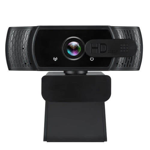 Black 1080P USB webcam with built-in microphone and universal clip for laptop or monitor.