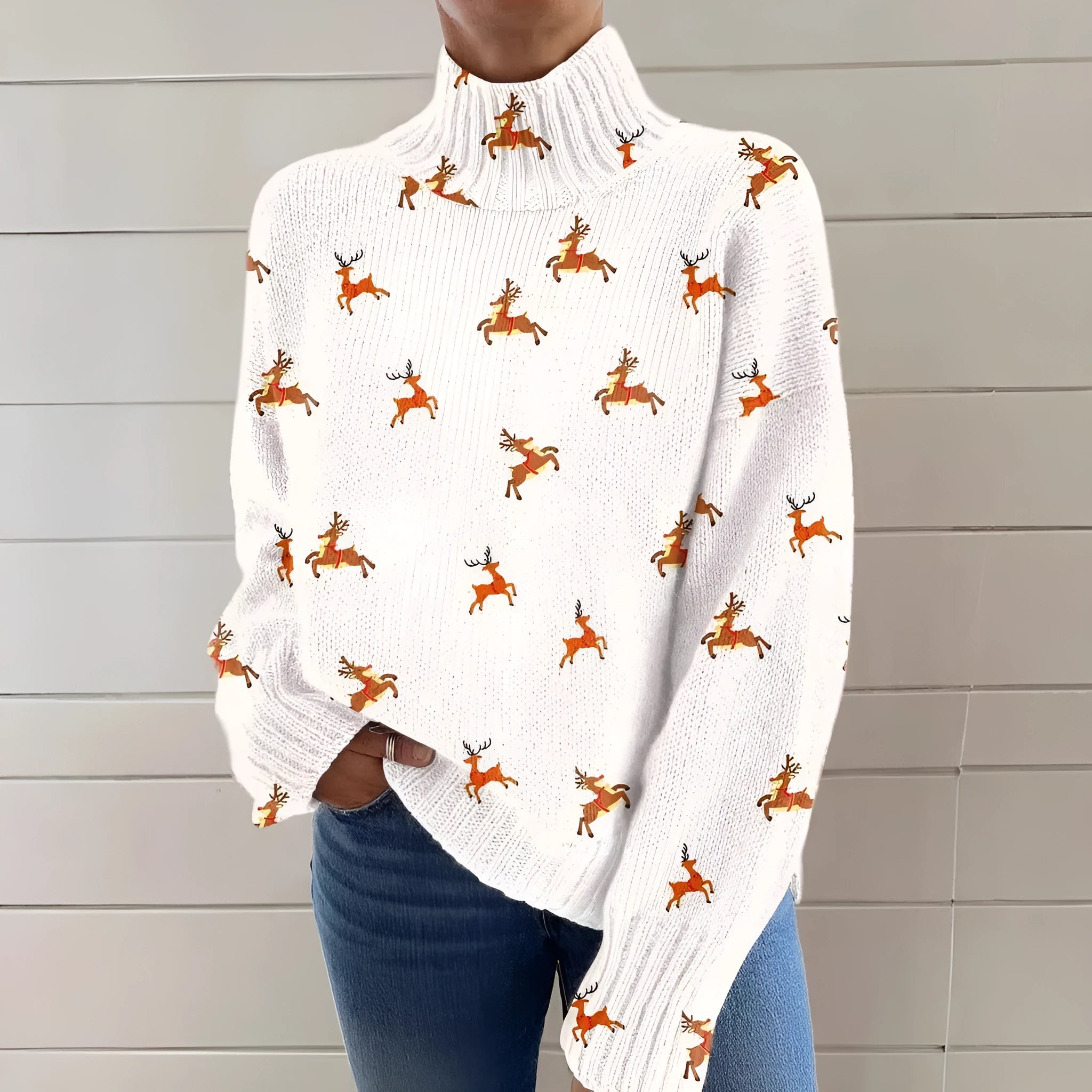 Women's loose-fit Christmas turtleneck sweater with a printed painting pattern in a macaron colour.