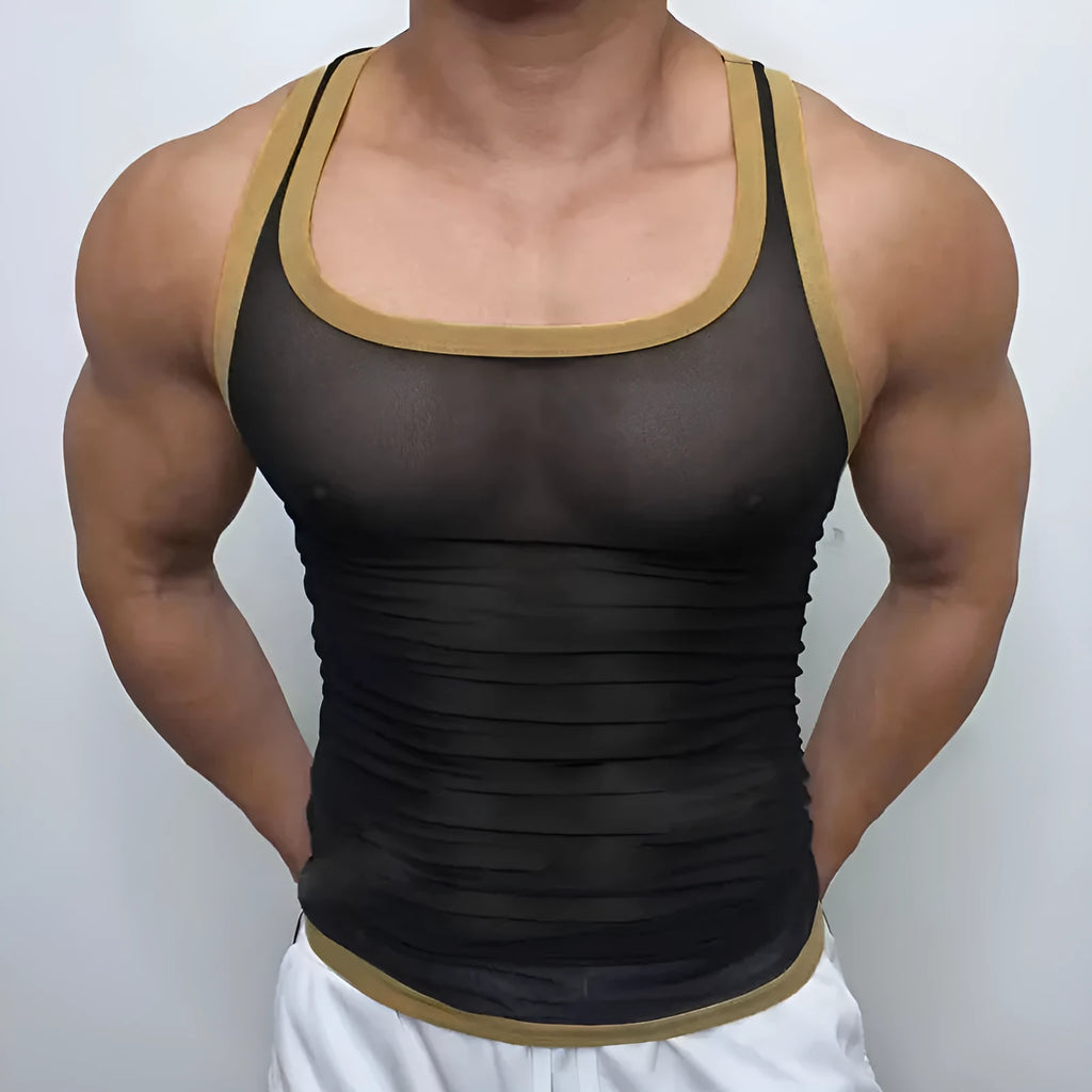 Men's black mesh athletic vest with straight hem for sports and fitness activities