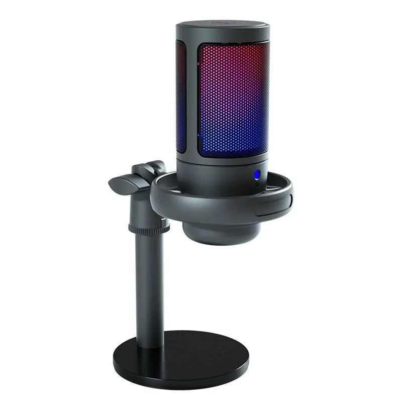 USB condenser microphone with RGB lighting in black, white, or pink colours for computer recording