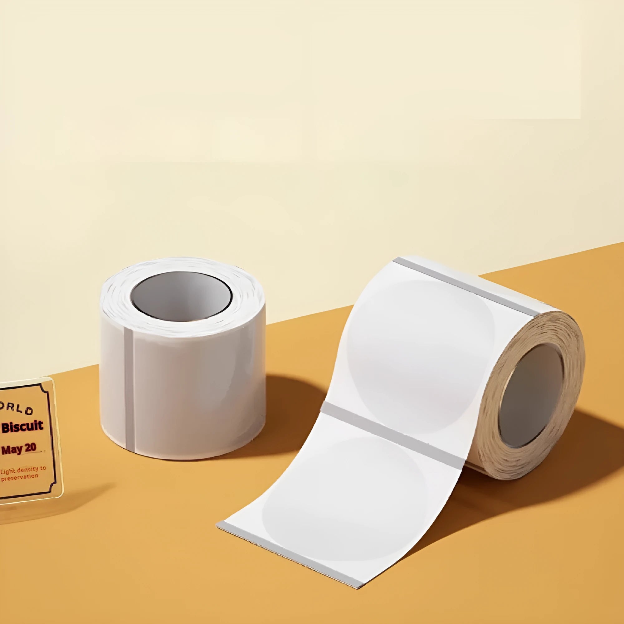Transparent waterproof adhesive sticker labels on a roll in various rectangular and round sizes
