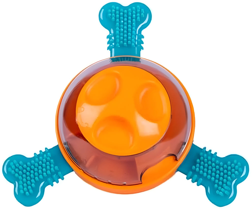 Blue interactive dog puzzle feeder with rubber bones for slow feeding and mental stimulation