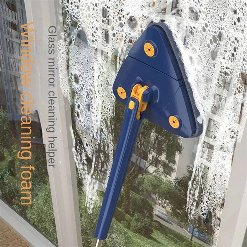 Blue and white extendable triangle cleaning mop with a rotating head on a long stainless steel pole.