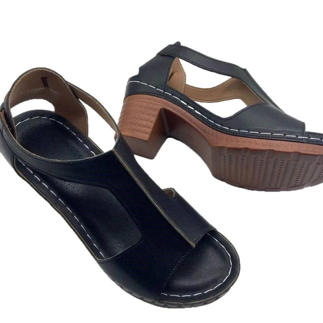 Women's peep toe wedge sandal with buckle on low heel, open fish mouth toe, in light brown