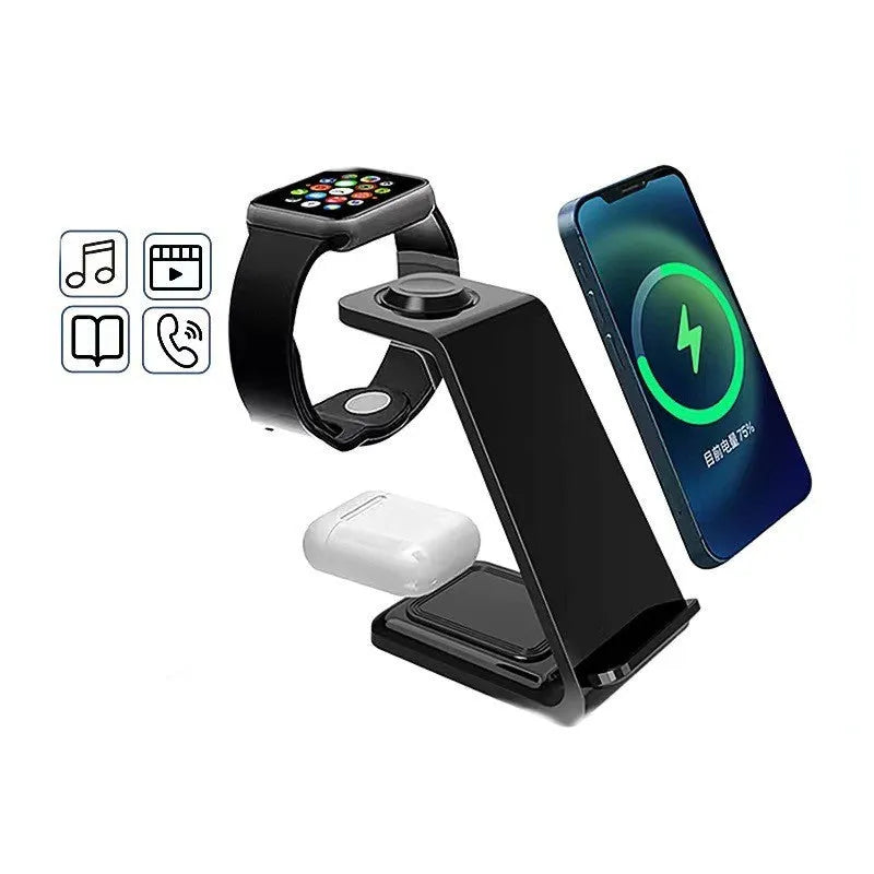 White 3-in-1 upright mobile phone stand with dual-coil wireless charger on a desk.