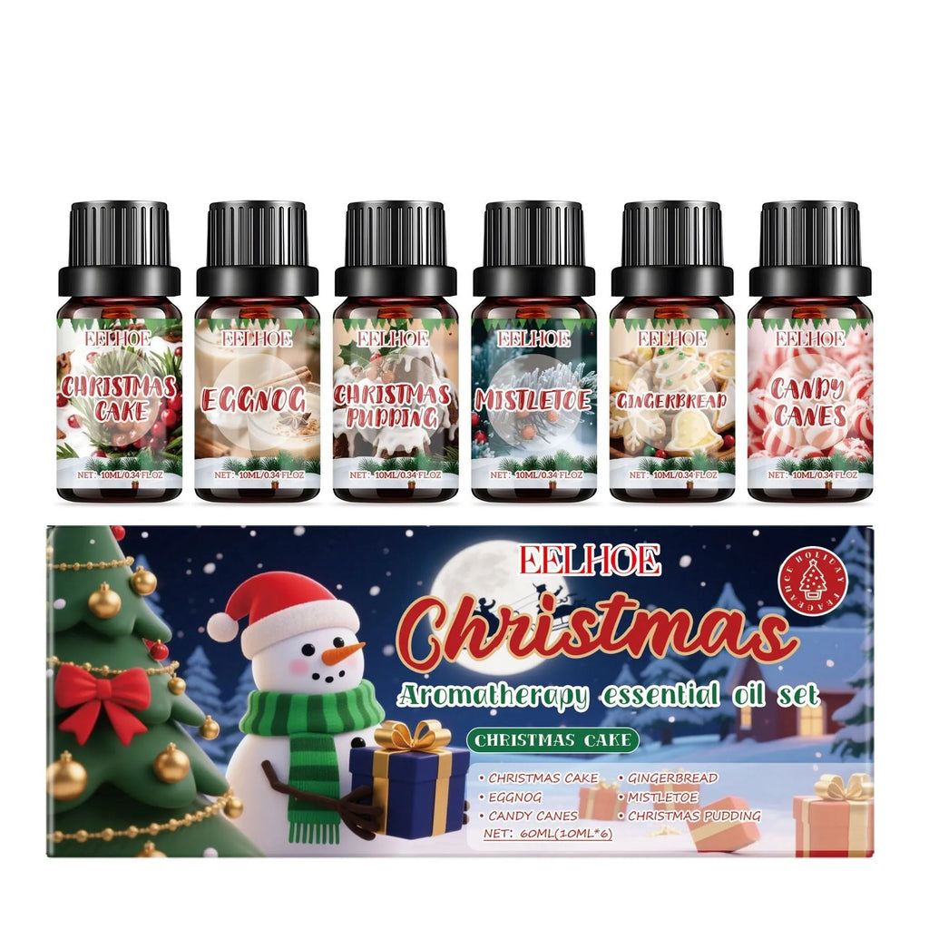 Set of six Christmas aromatherapy oil bottles, each containing 60ml of festive scented oil.
