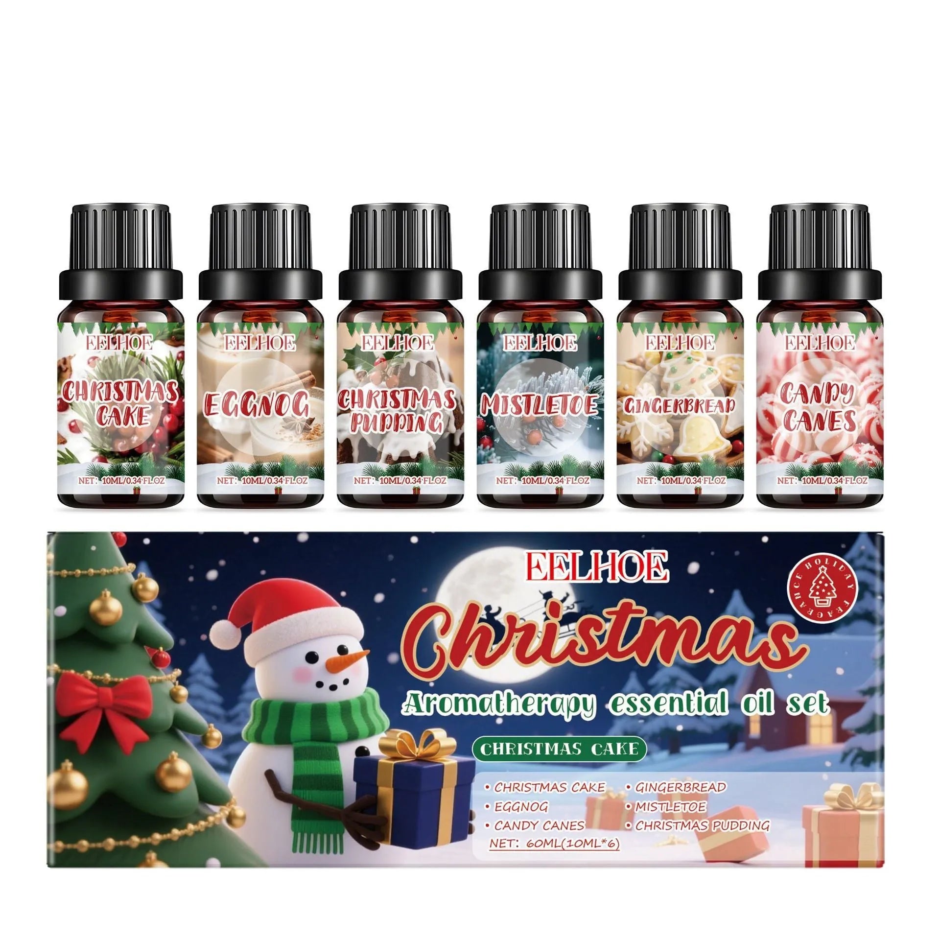 Set of six Christmas aromatherapy oil bottles, each containing 60ml of festive scented oil.