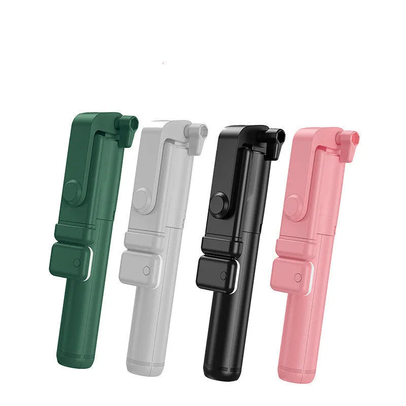 Aluminium alloy Bluetooth selfie stick with tripod base, fill light, and 360-degree rotating phone holder in black colour