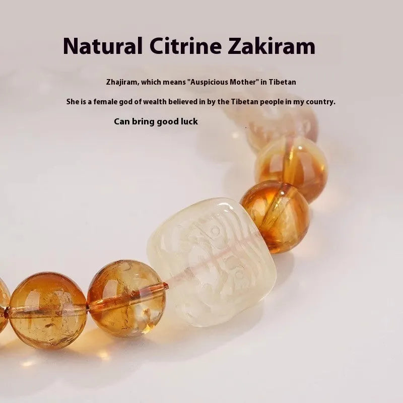 Women's carved citrine ethnic bracelet with 10mm geometric crystal stones in gold-toned setting