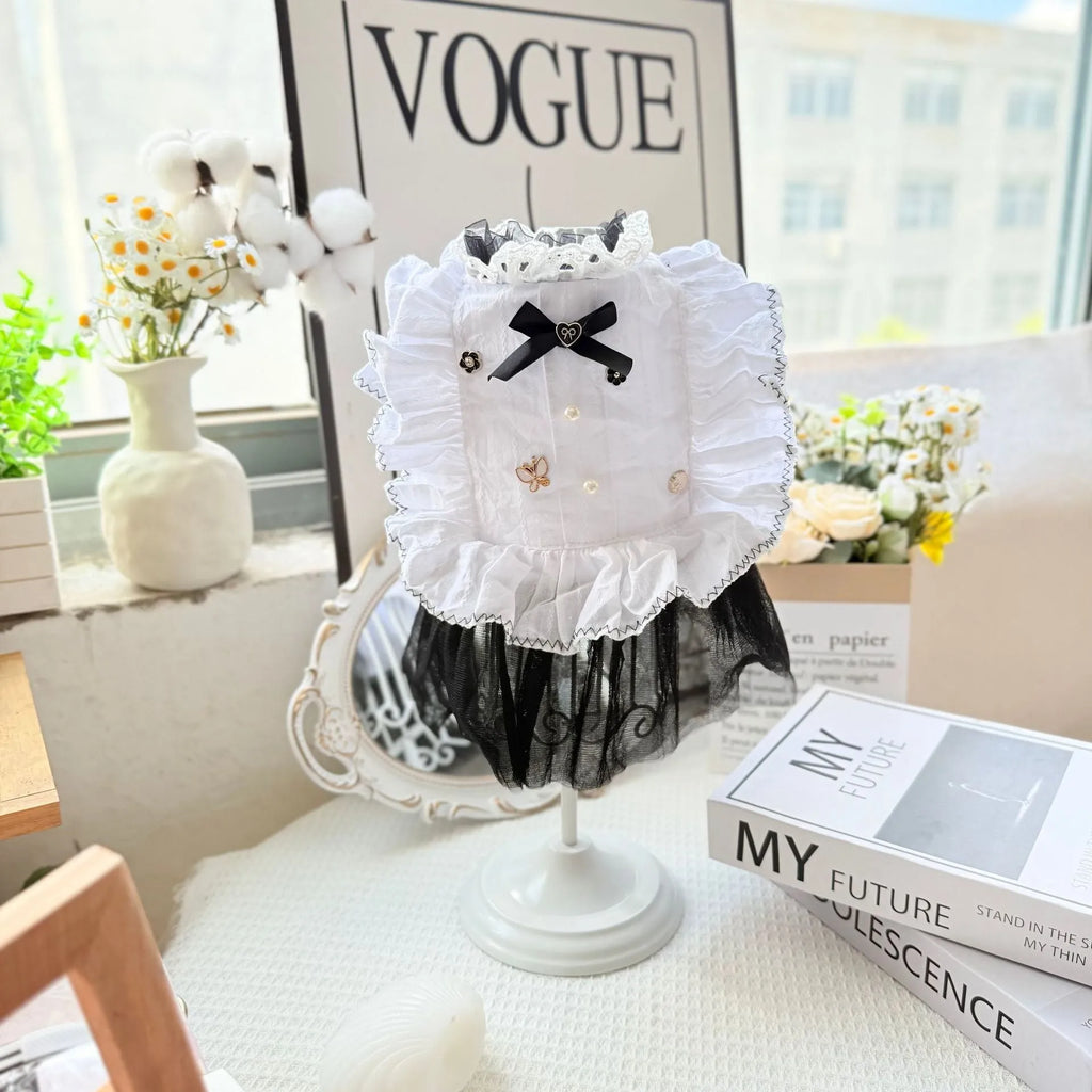 White polyester gauze skirt for small dog on a white background, showing gathered princess-style design.