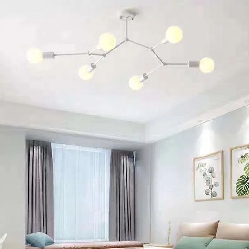 Iron Nordic-style chandelier ceiling lamp with multiple light heads, in black or white.