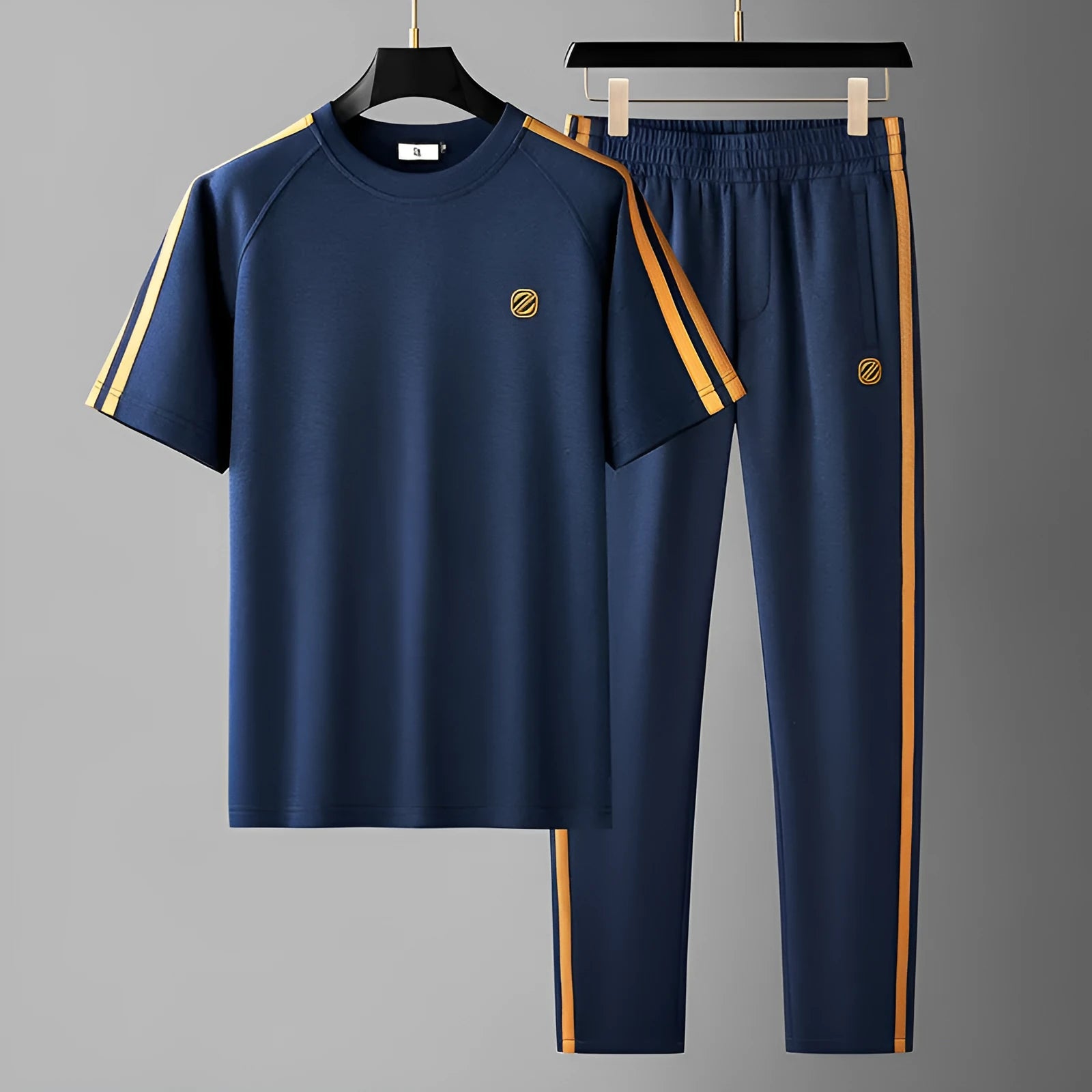 Men's blue short sleeve polyester sport suit set with matching trousers