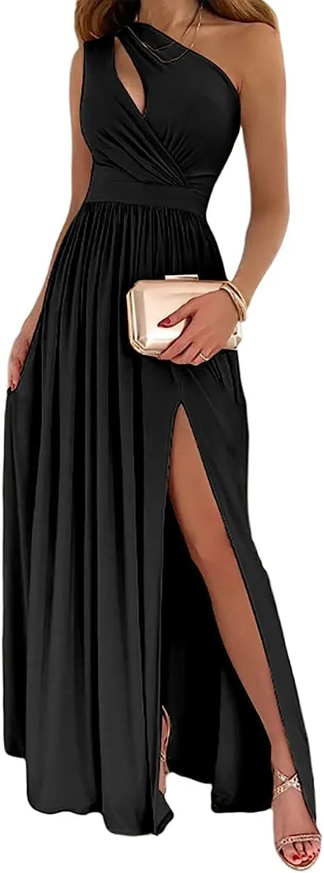 Women's apricot one shoulder sleeveless maxi dress with high split and cutout design.