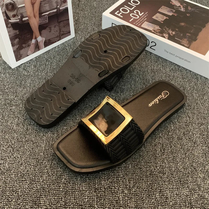 Women's apricot casual flat slippers with a PVC sole, shown on a light background.