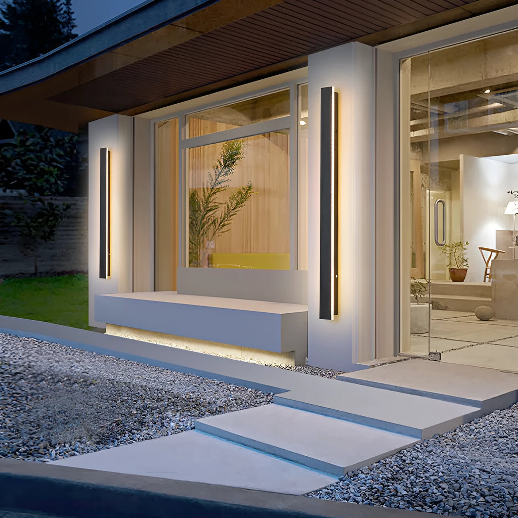 Long straight outdoor LED wall lamp with wrought iron shell for waterproof garden lighting.