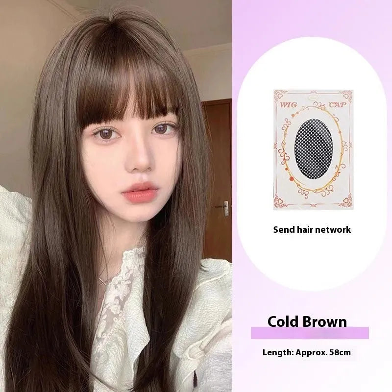 Long straight black synthetic wig with bangs, shown in brown black and cold brown colour options.
