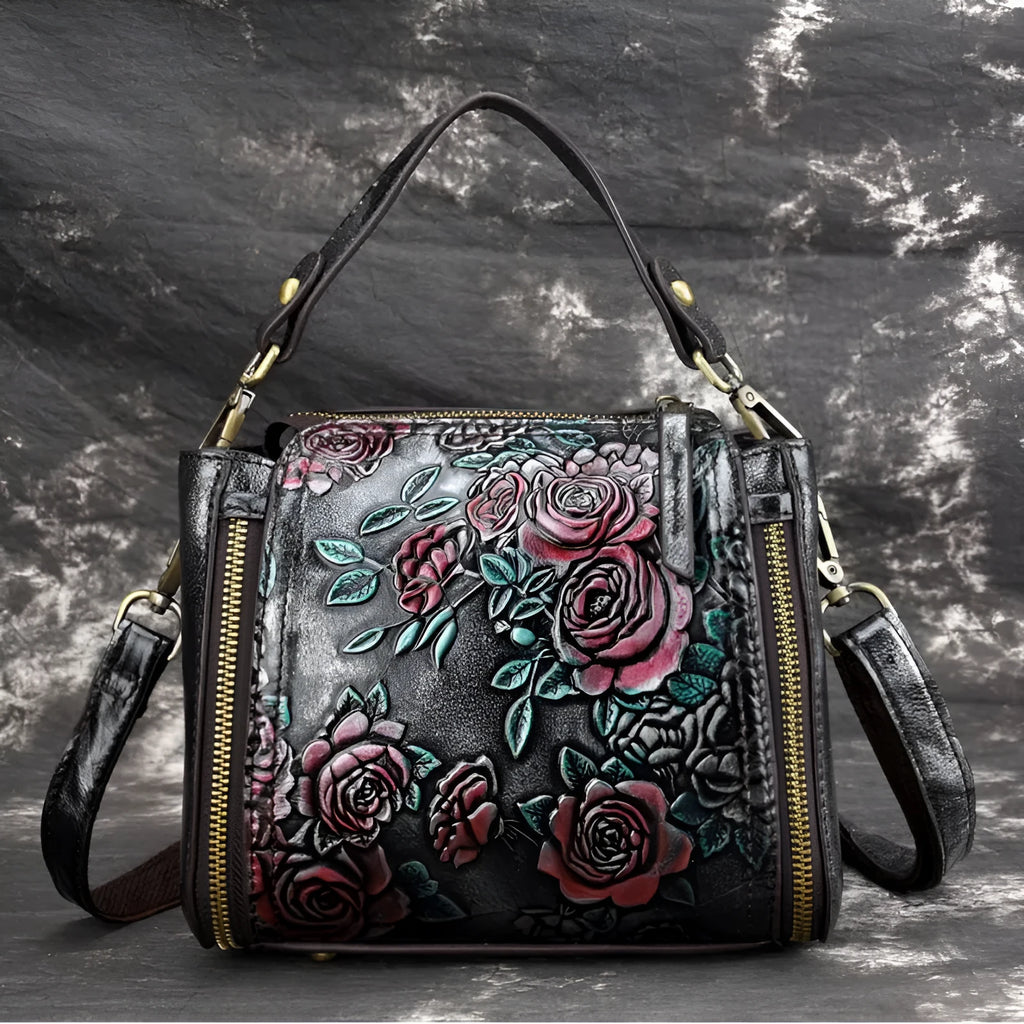 Women's brown genuine leather shoulder bag with file compartment and mobile phone pocket