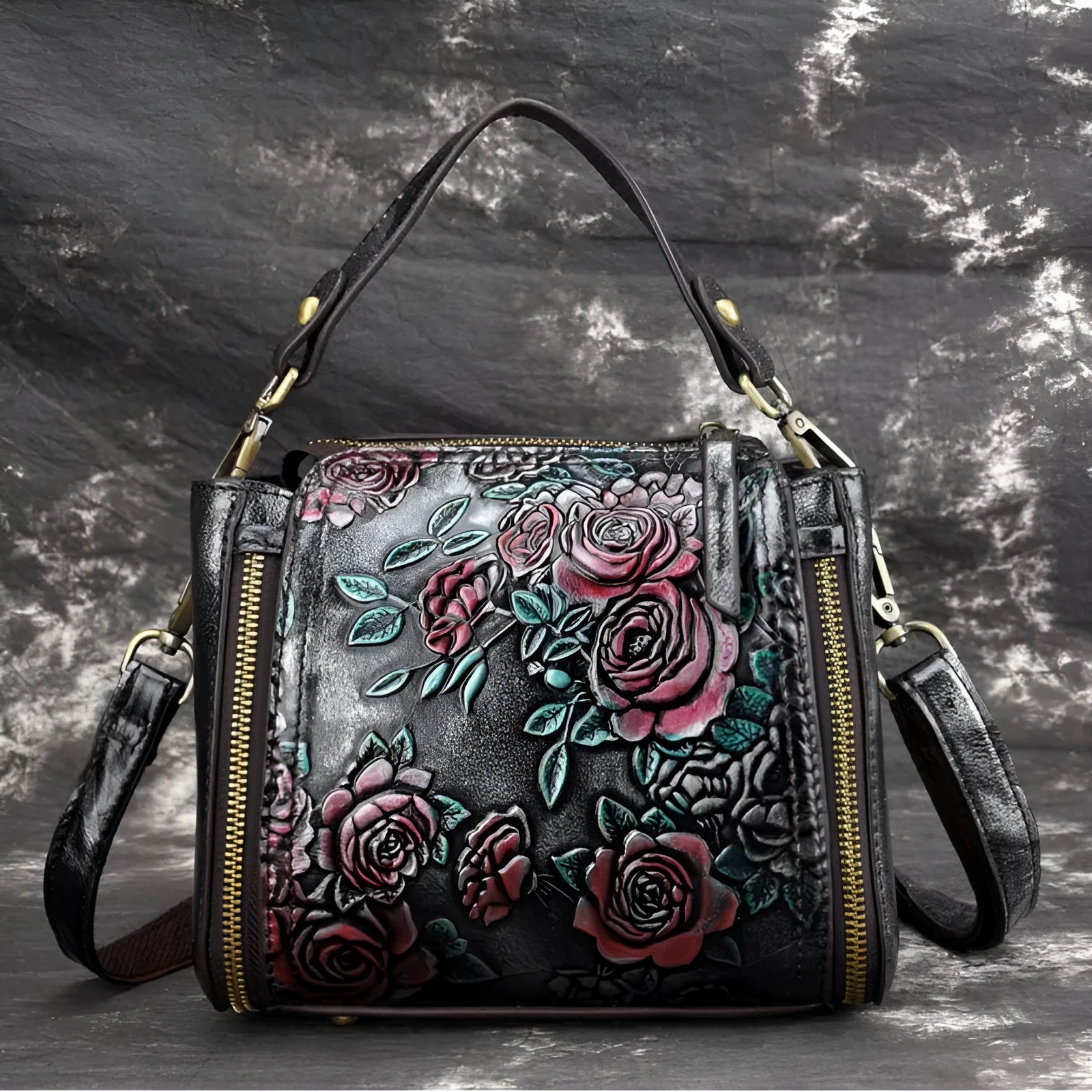 Women's brown genuine leather shoulder bag with file compartment and mobile phone pocket