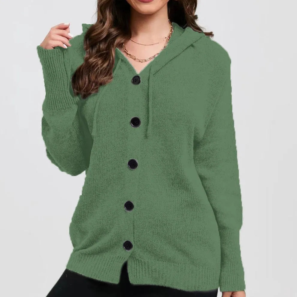 Women's thick cotton hooded cardigan sweater in a solid colour, shown with a loose fit and long sleeves.