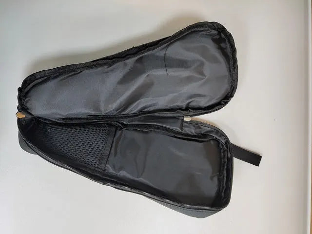 Black cloth storage bag with zip open, showing padded interior for a mobile phone gimbal.