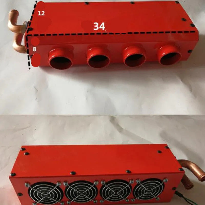 Metal car heater unit with copper pipe radiator and electrical connections for 12V 24V vehicle systems.