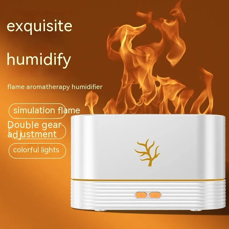 Square white USB aroma diffuser with flame effect LED lighting and humidifier function