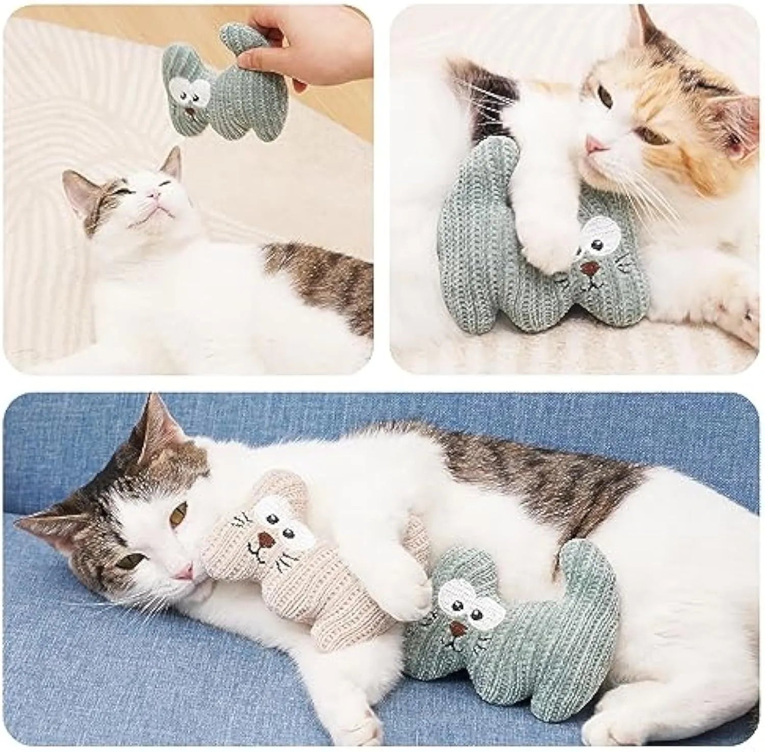 Plush rope catnip toy with bell for cats in cyan and light coffee colours