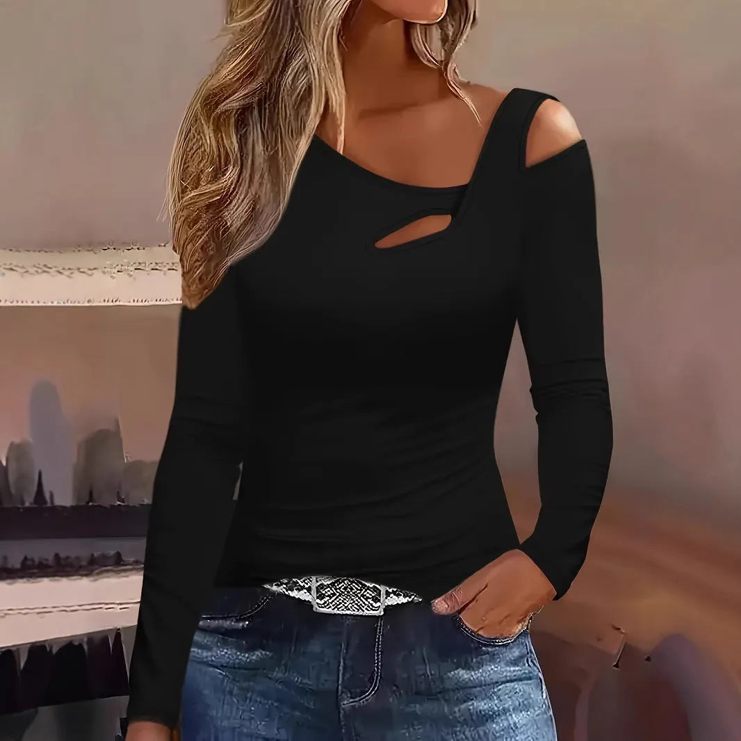 Women's hollow out shoulder long-sleeved t-shirt in slim fit polyester, shown in black, white, and dark blue