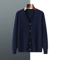 Men's loose-fit V-neck cardigan coat in Andy velvet fabric shown in beige colour.