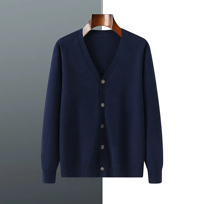 Men's loose-fit V-neck cardigan coat in Andy velvet fabric shown in beige colour.