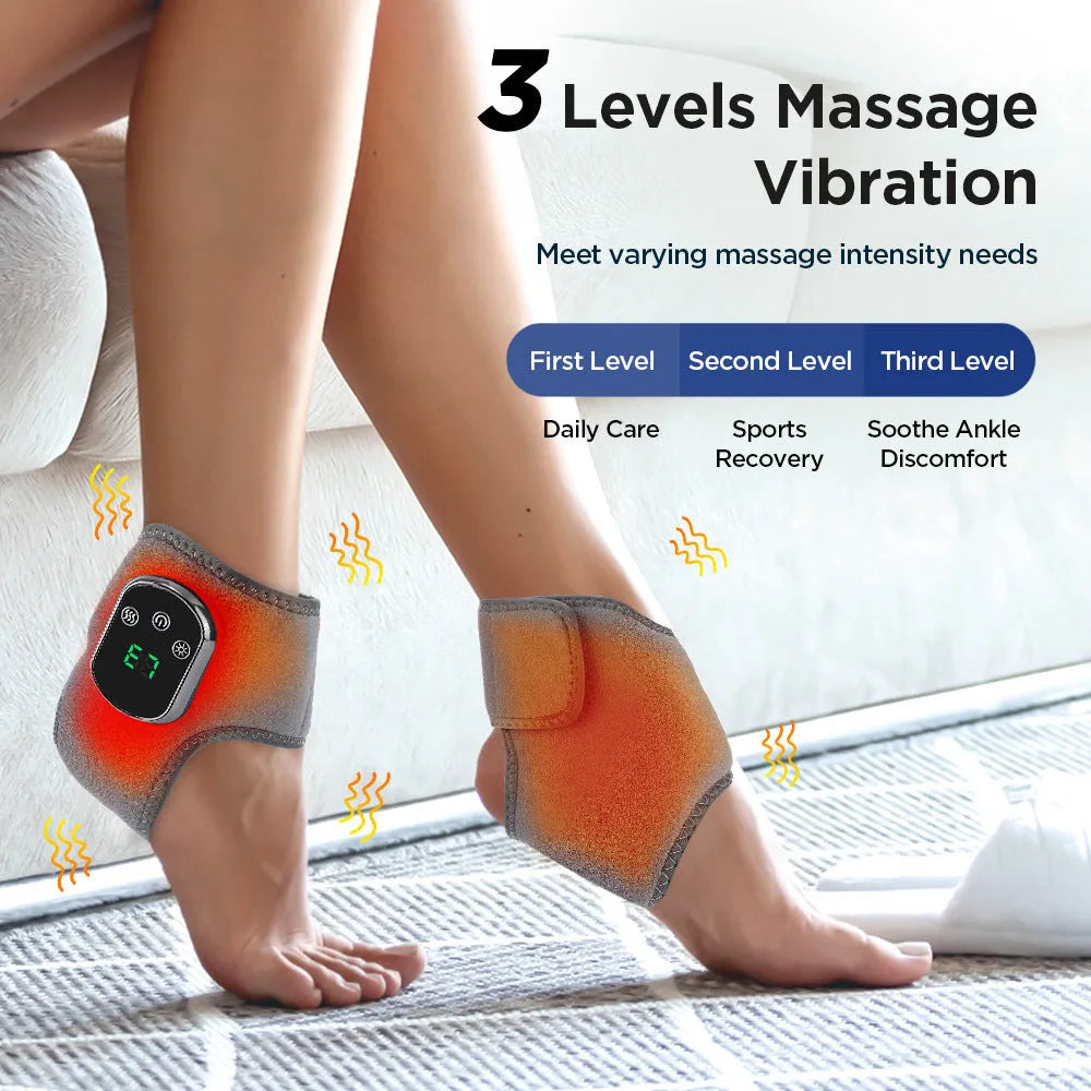 Electric heating ankle and wrist guard massage instrument in grey or black with 5V 7W power, gear controls, and optional extension strap.