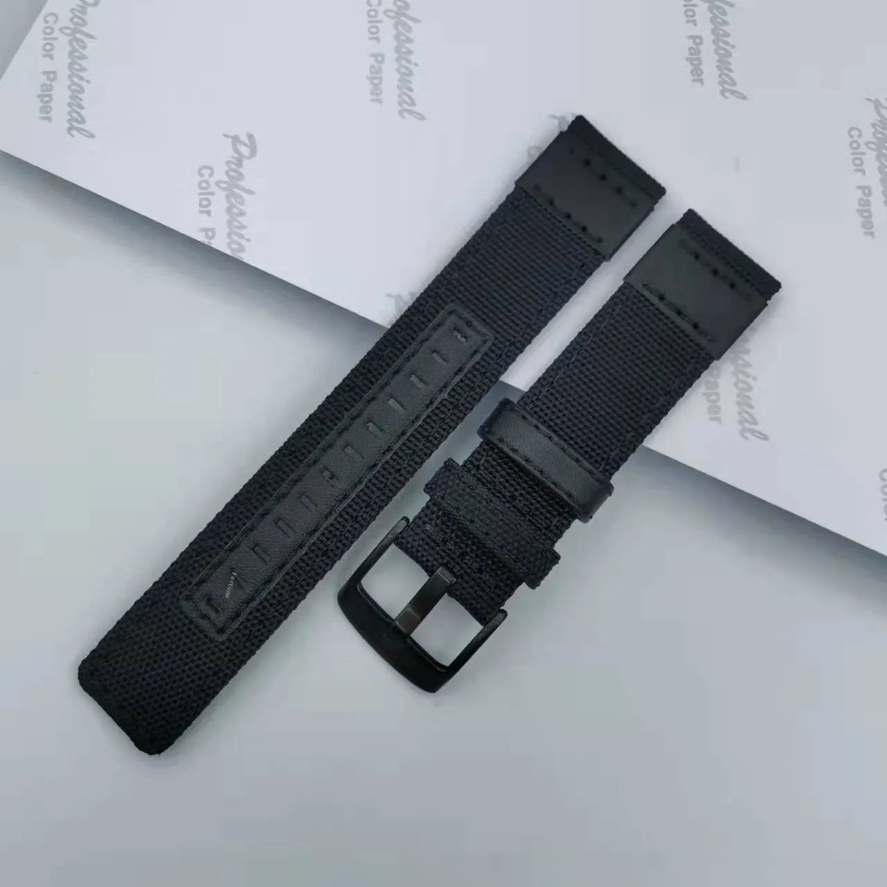 Oxford cloth replacement watch strap in army green showing short and extended length options for 20mm, 22mm, 24mm widths.