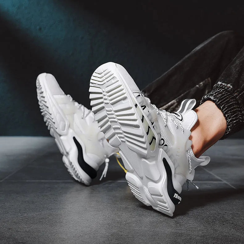 Men's high top sneakers in white with PU and mesh upper, hollow-out details, and thick sole
