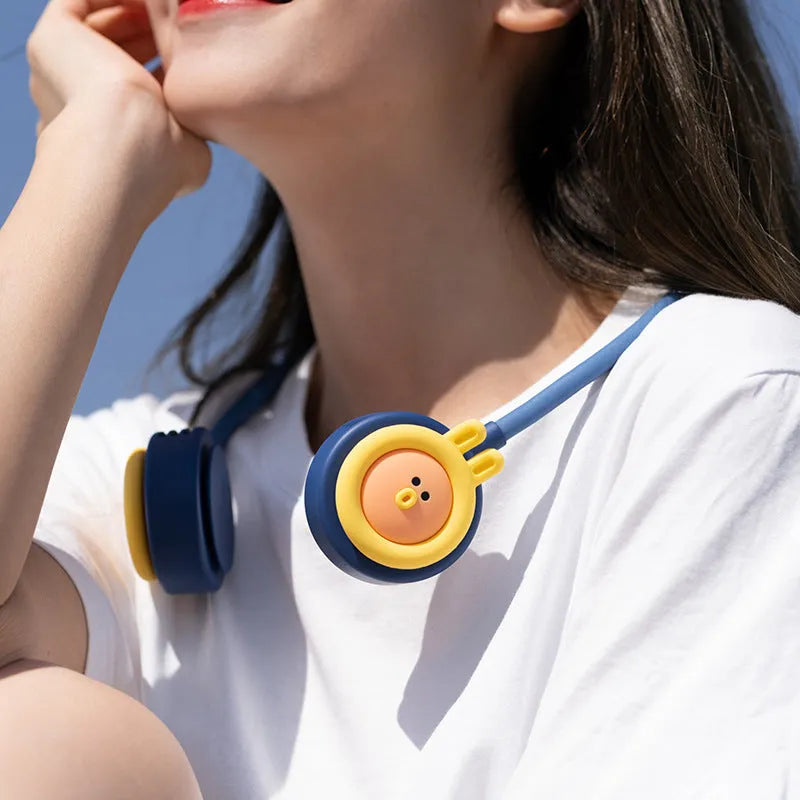 Pink and blue folding hanging neck fan showing leafeas design and USB charging port