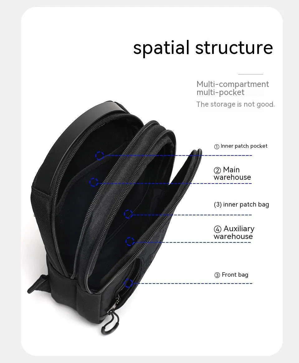 Casual black camouflage chest pack with a soft handle and single strap, showing internal phone pocket.