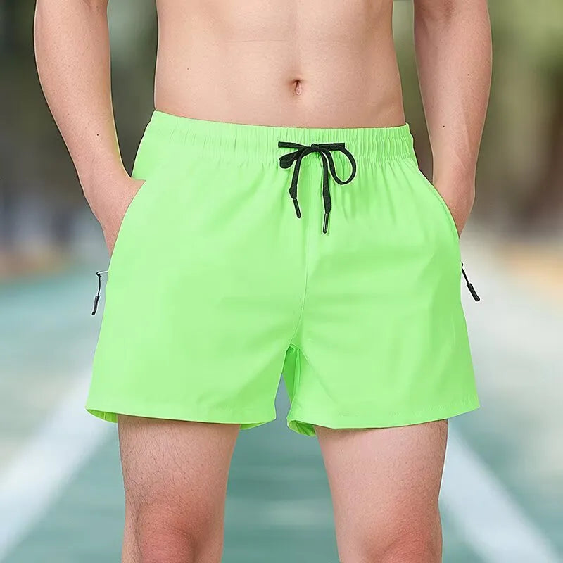 Men's black fitness training shorts with high waist design and drawstring closure