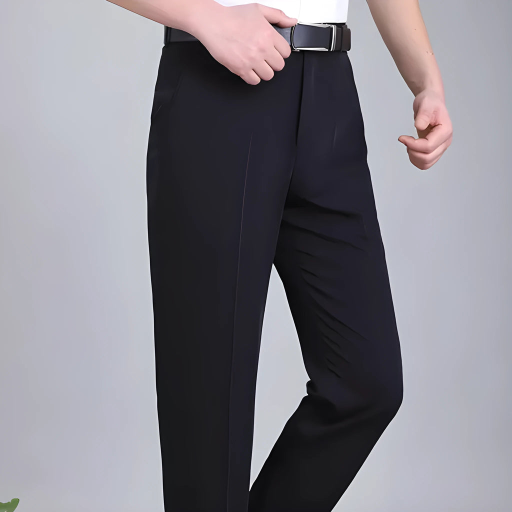 Men's straight-cut business trousers in dark blue with high waist and non-ironing construction
