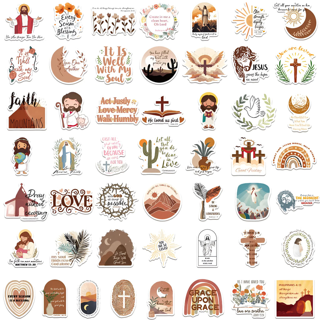 Assortment of colourful graffiti stickers on a white background, showing random street art designs.