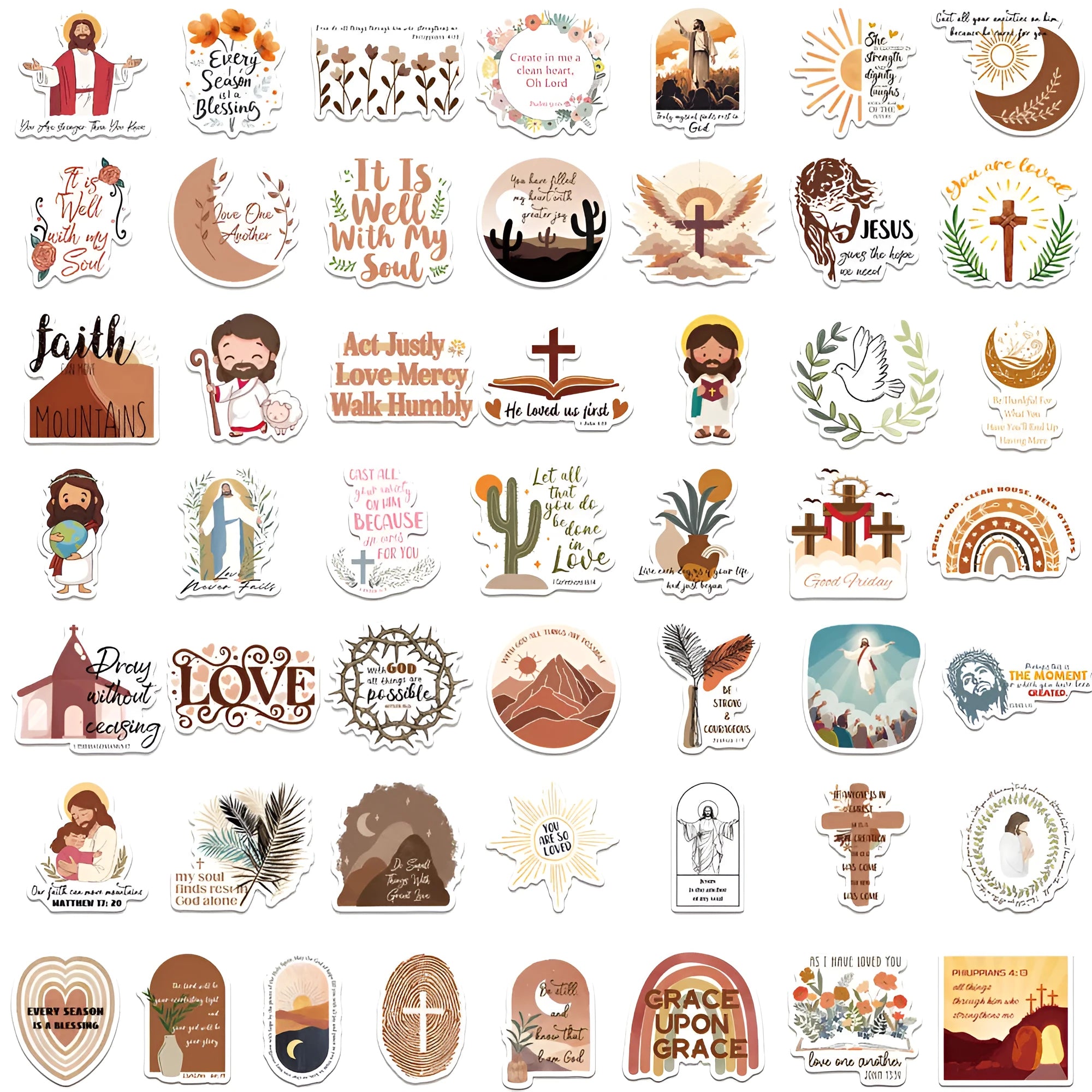 Assortment of colourful graffiti stickers on a white background, showing random street art designs.