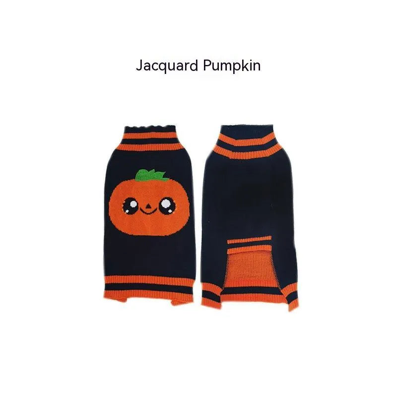 Halloween dog sweater in acrylic for small dogs, orange or black pet costume jumper, sizes XS to XL