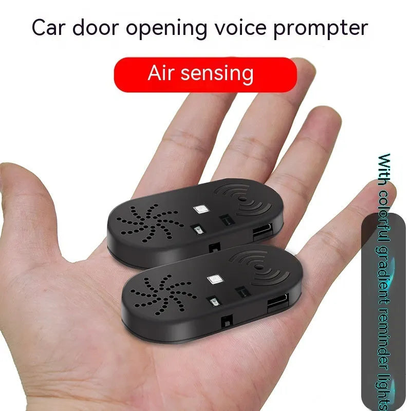 Black ABS car door reminder alarm with infrared sensor, 5V universal fit, Chinese or English voice option.