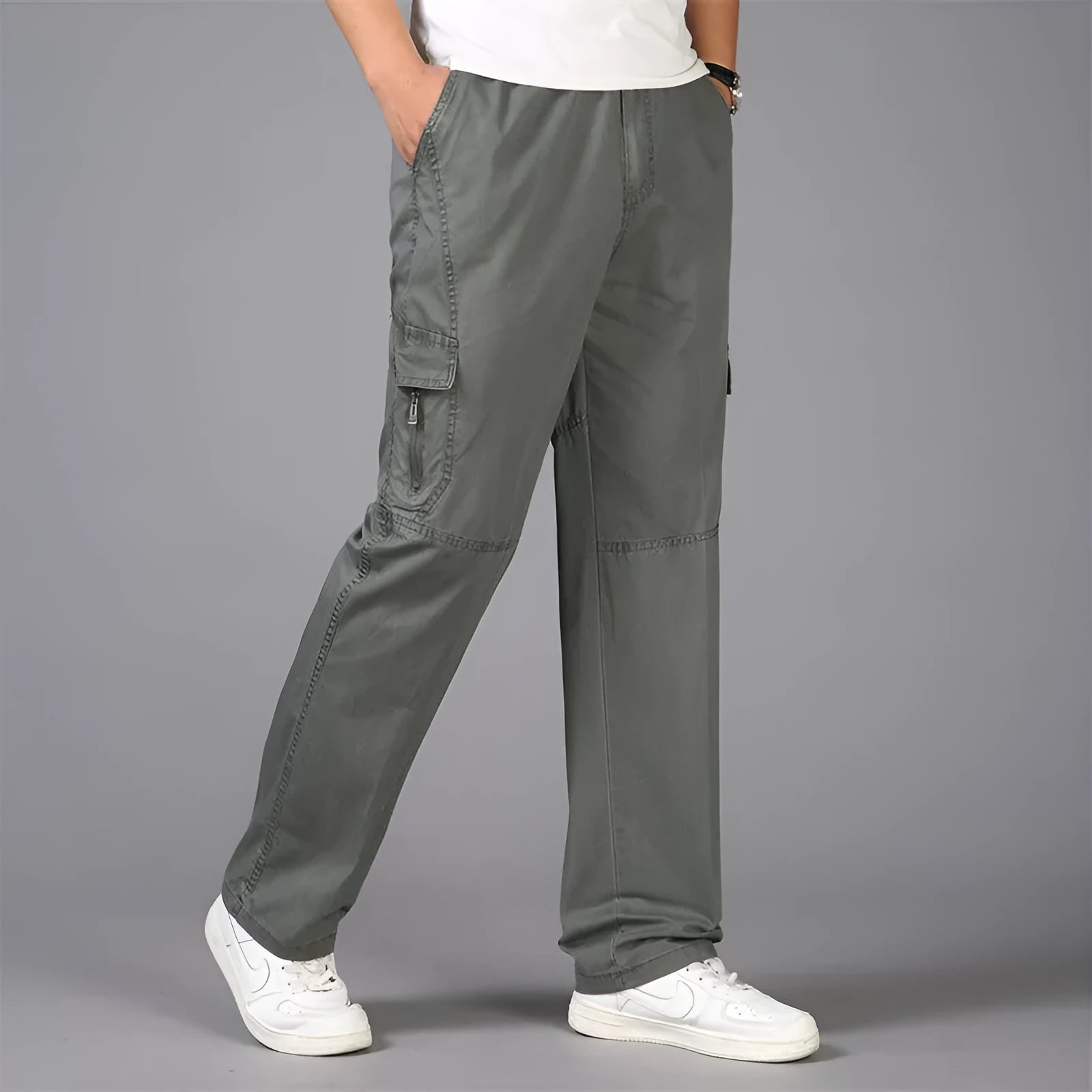 Cotton loose straight leg cargo trousers in black with multiple pockets and zip fly