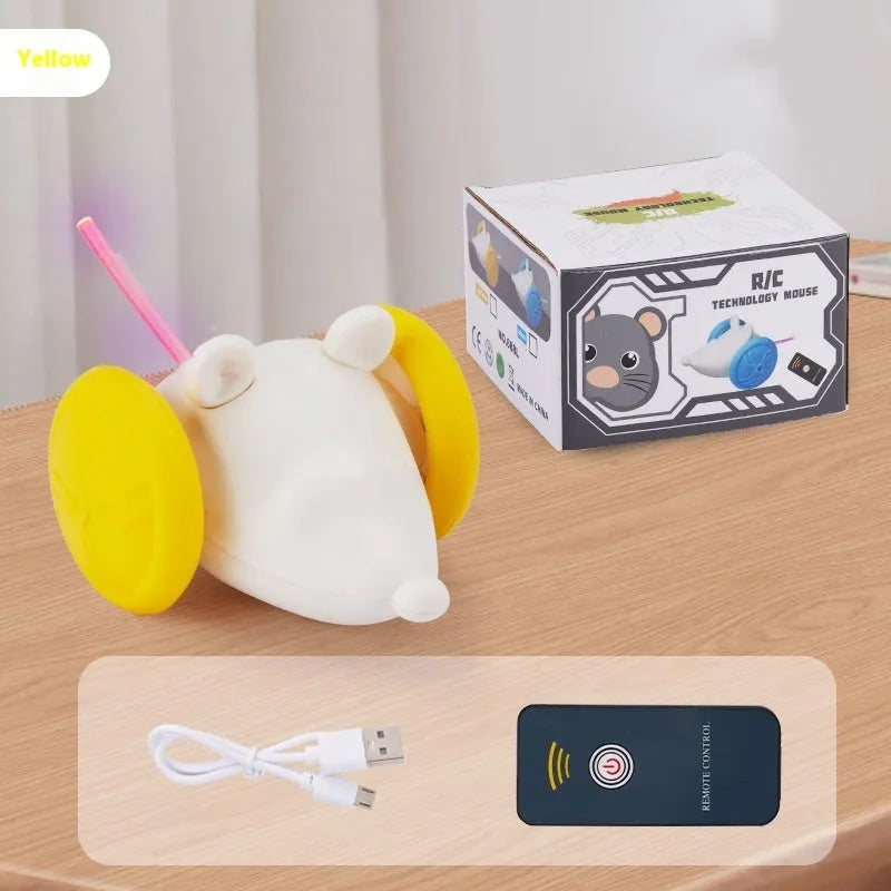 Blue and yellow electric self-hiding mouse cat toy with remote control on a floor.