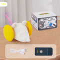Blue and yellow electric self-hiding mouse cat toy with remote control on a floor.