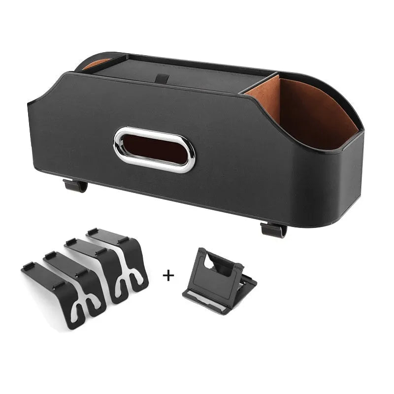 Genuine leather car and buggy storage bag for tissues and a cup, shown in beige colour.