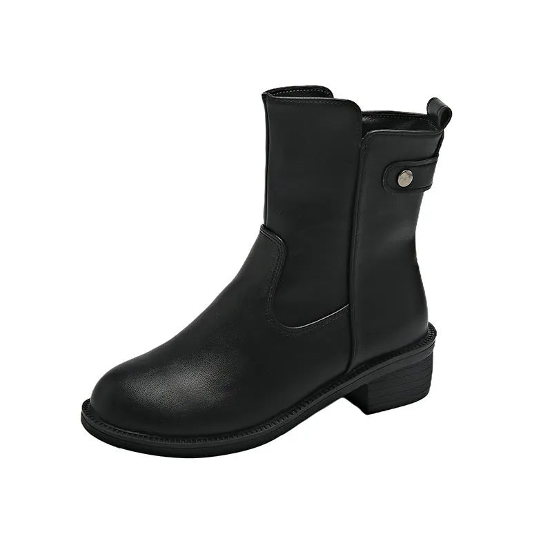 Women's black low heel round toe side zip ankle boots showing front and side views