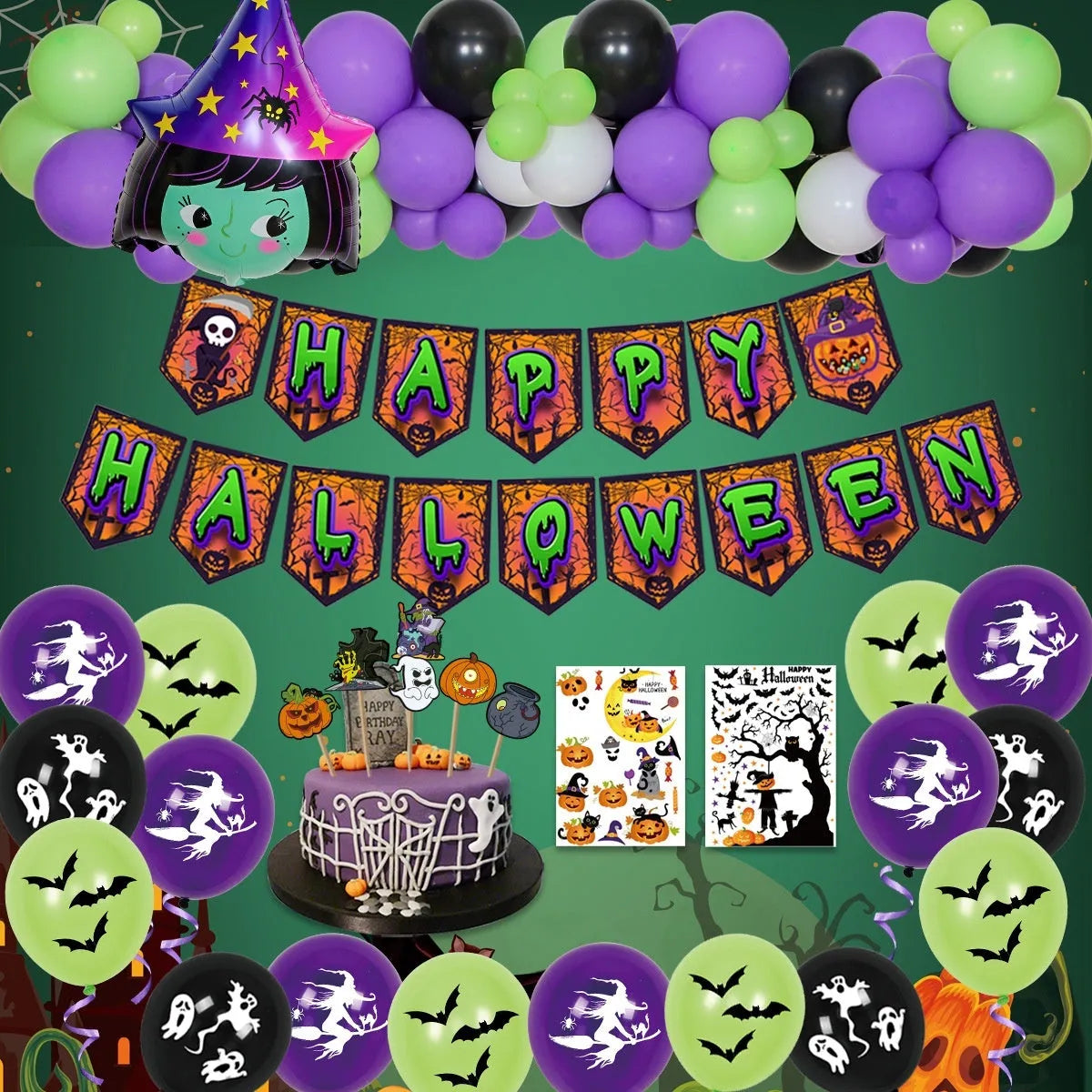 Halloween spider balloon arch decoration set with black and white skeleton and pumpkin balloons