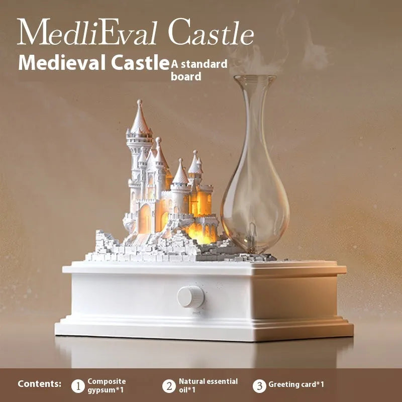 White medieval castle-shaped waterless cold fragrance diffuser with ambient lighting on a table.