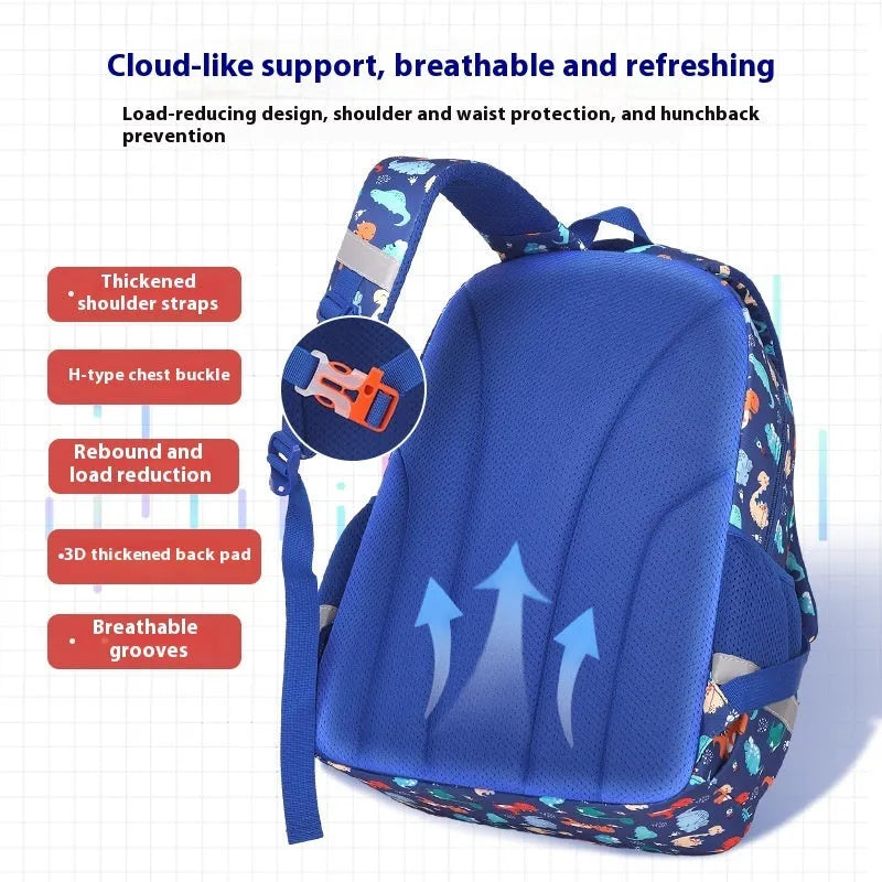 Children's waterproof school backpack in multiple colours including dinosaur and rainbow patterns
