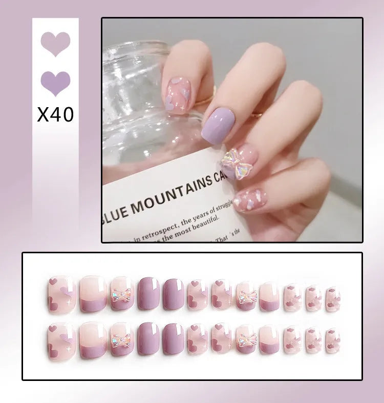 24 piece French worn false nails with diamonds, ABS material, including glue and jelly adhesive